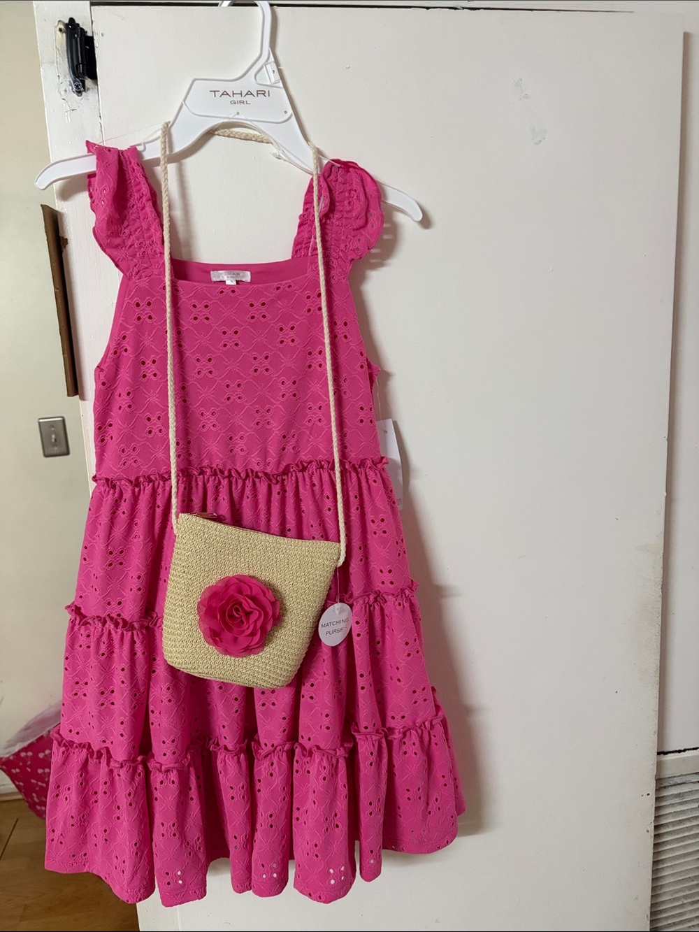 Tahari Girl Fuchsia Eyelet Tiered Dress with Straw Crossbody
